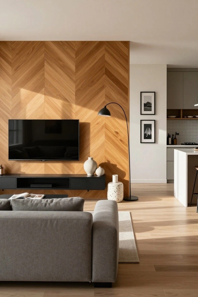 A living room with a gray sectional sofa facing a television mounted on a herringbone wood accent wall above a floating black media console.