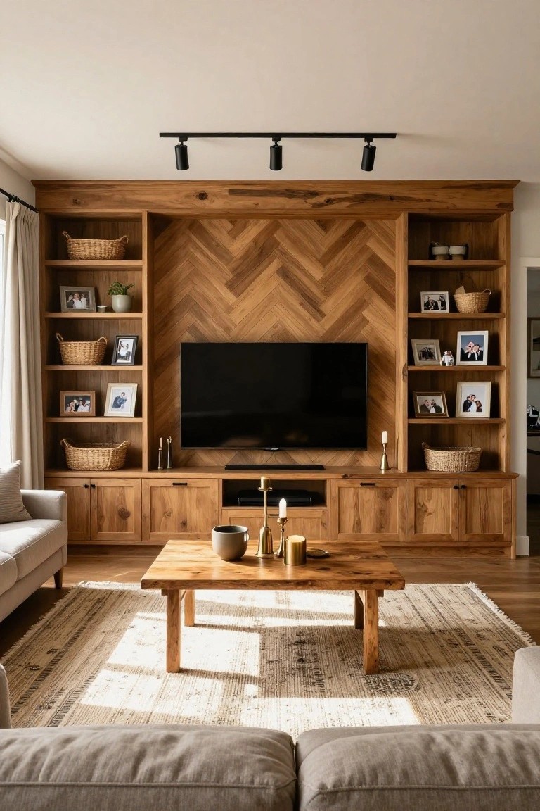 A living room featuring a wooden built-in entertainment center with a herringbone wood accent wall behind a wall-mounted TV, open shelving on both sides, and lower cabinet storage.
