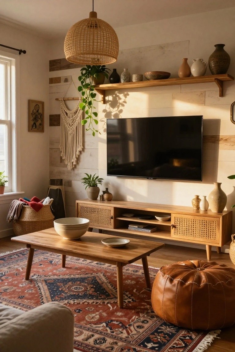 A living room with a TV mounted on a light horizontal wood plank accent wall, a floating shelf above it, and a wooden console below on a patterned rug.