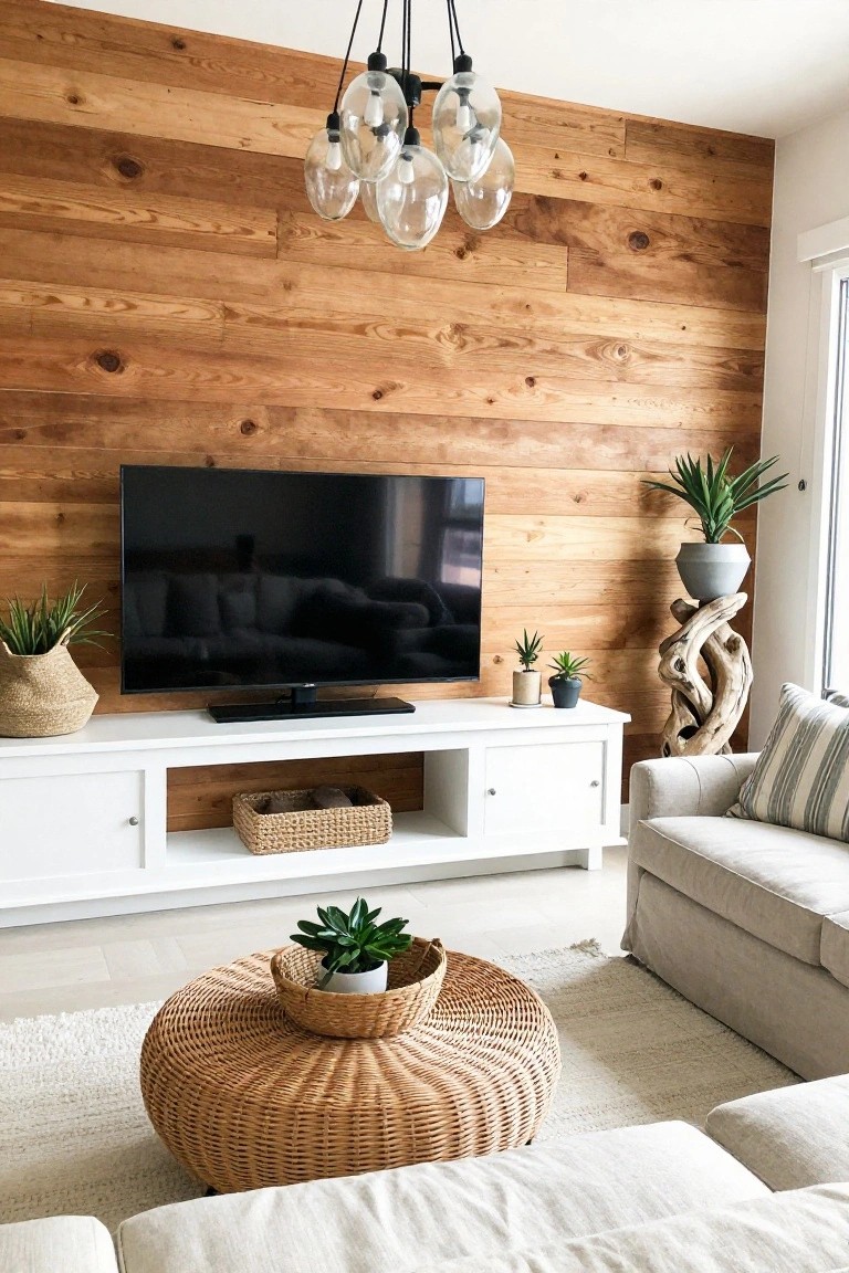 A living room featuring a television on a white console against a wall of horizontal wood planks, with a light-colored sofa and woven ottoman visible in the foreground.
