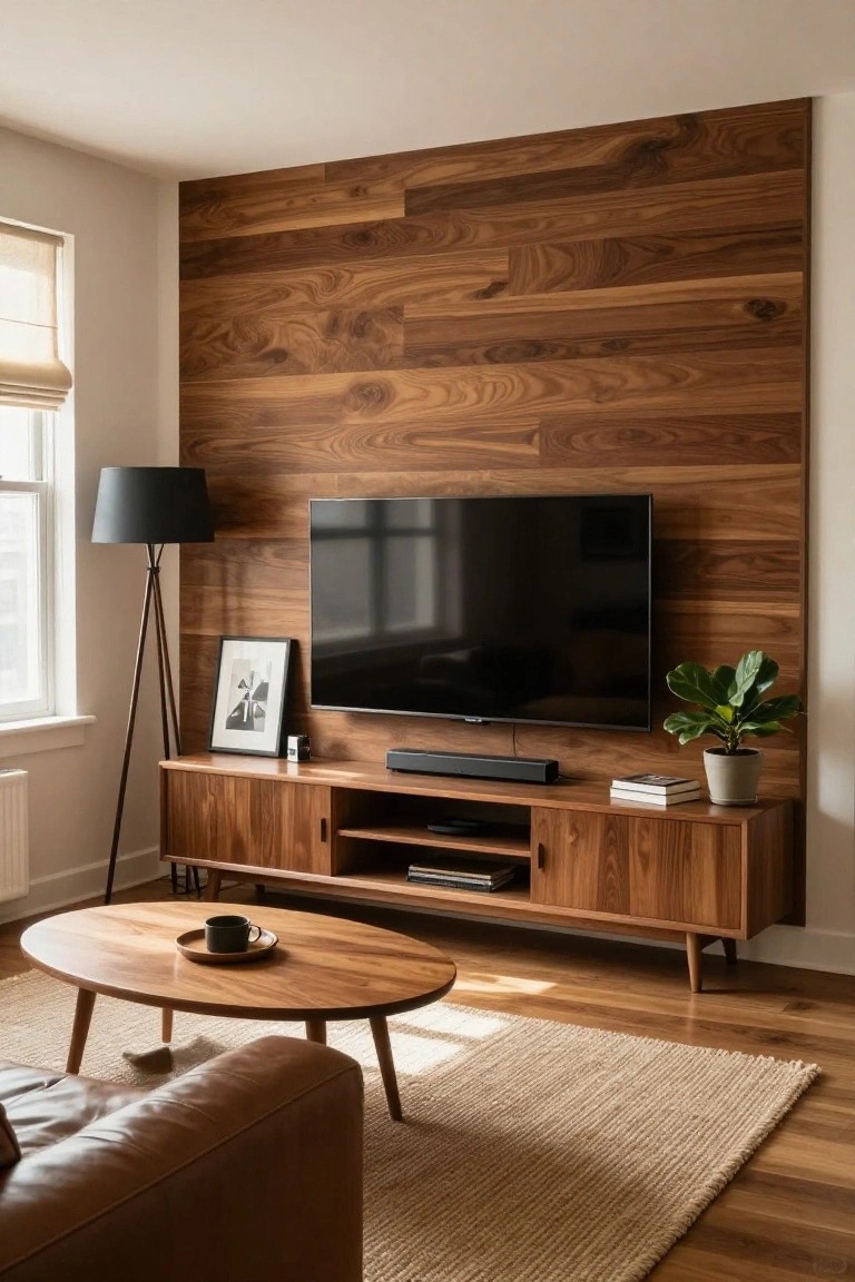 A living room featuring a large wood accent wall with horizontal planks behind a mounted television and a low wooden media console.