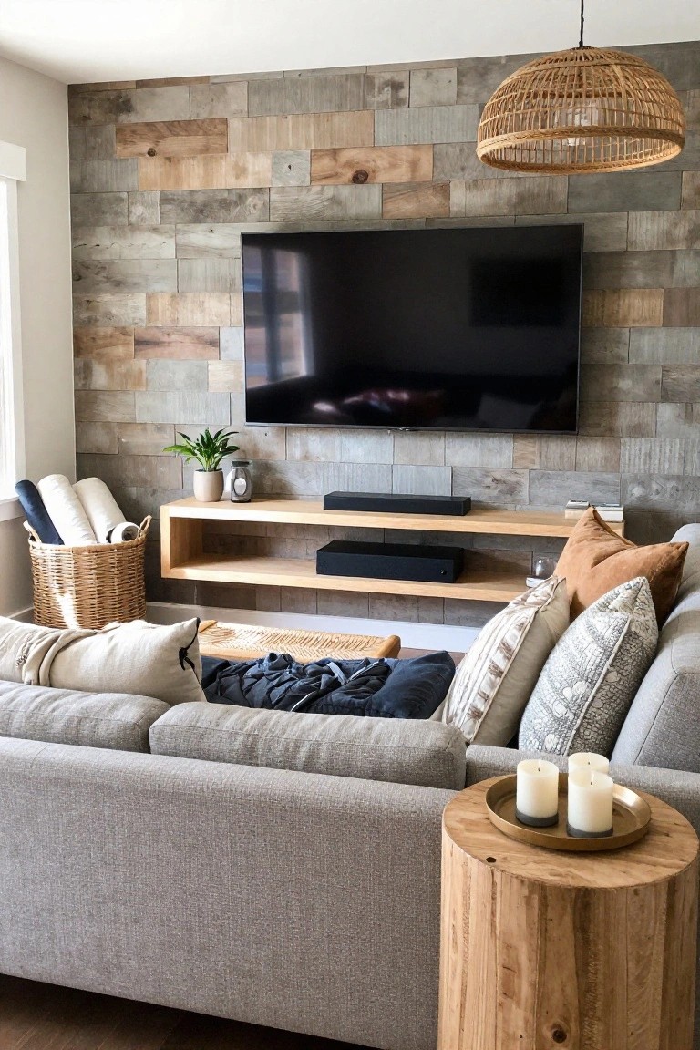 A living room with a TV mounted on a wood plank accent wall above a floating light wood media console, next to a gray sectional sofa.