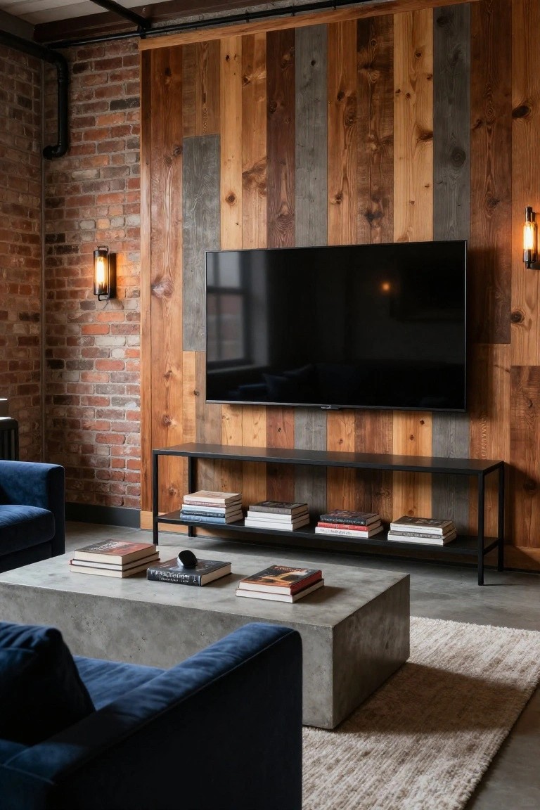 Modern living room with wood-paneled wall, mounted TV, concrete table, and blue armchairs.