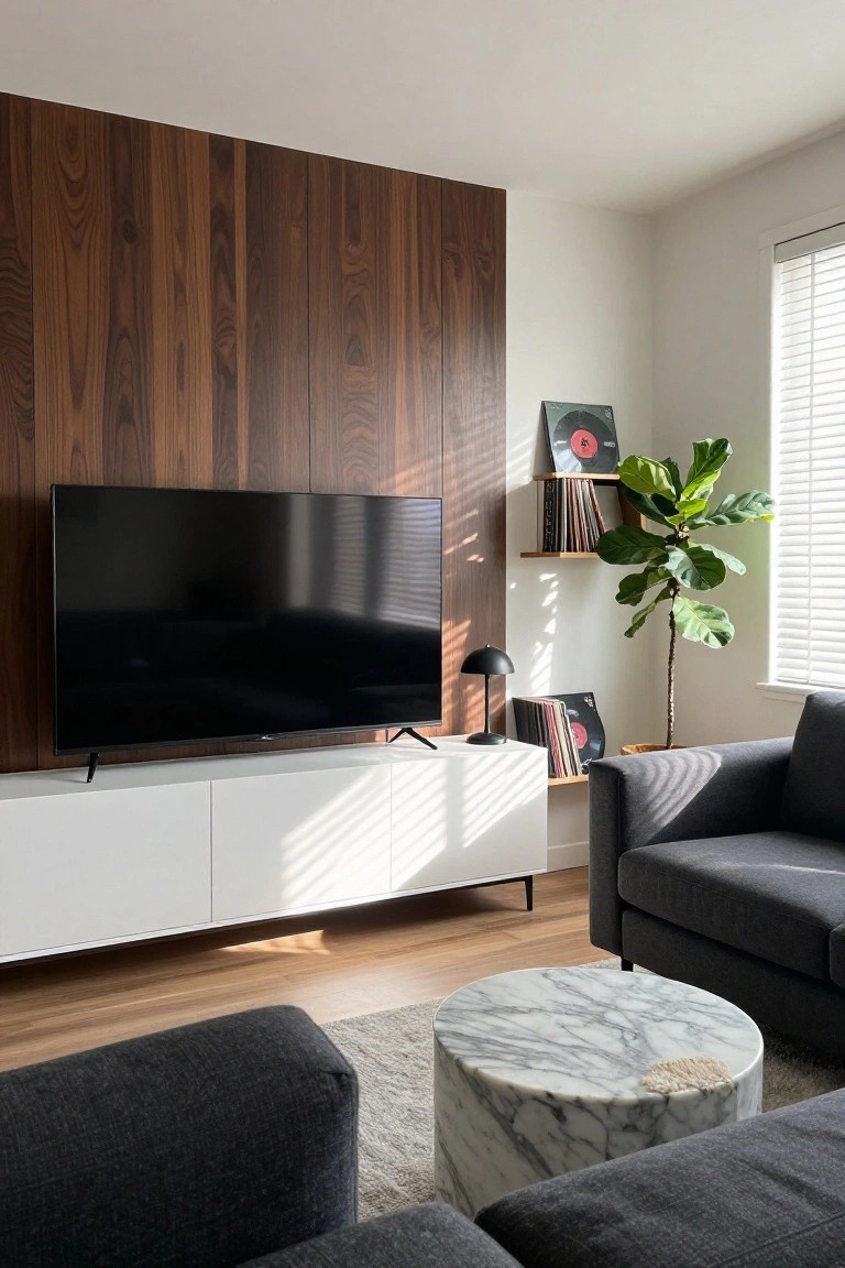 Modern living room with wall-mounted TV, wood paneling, white console, marble table, and gray sofa.