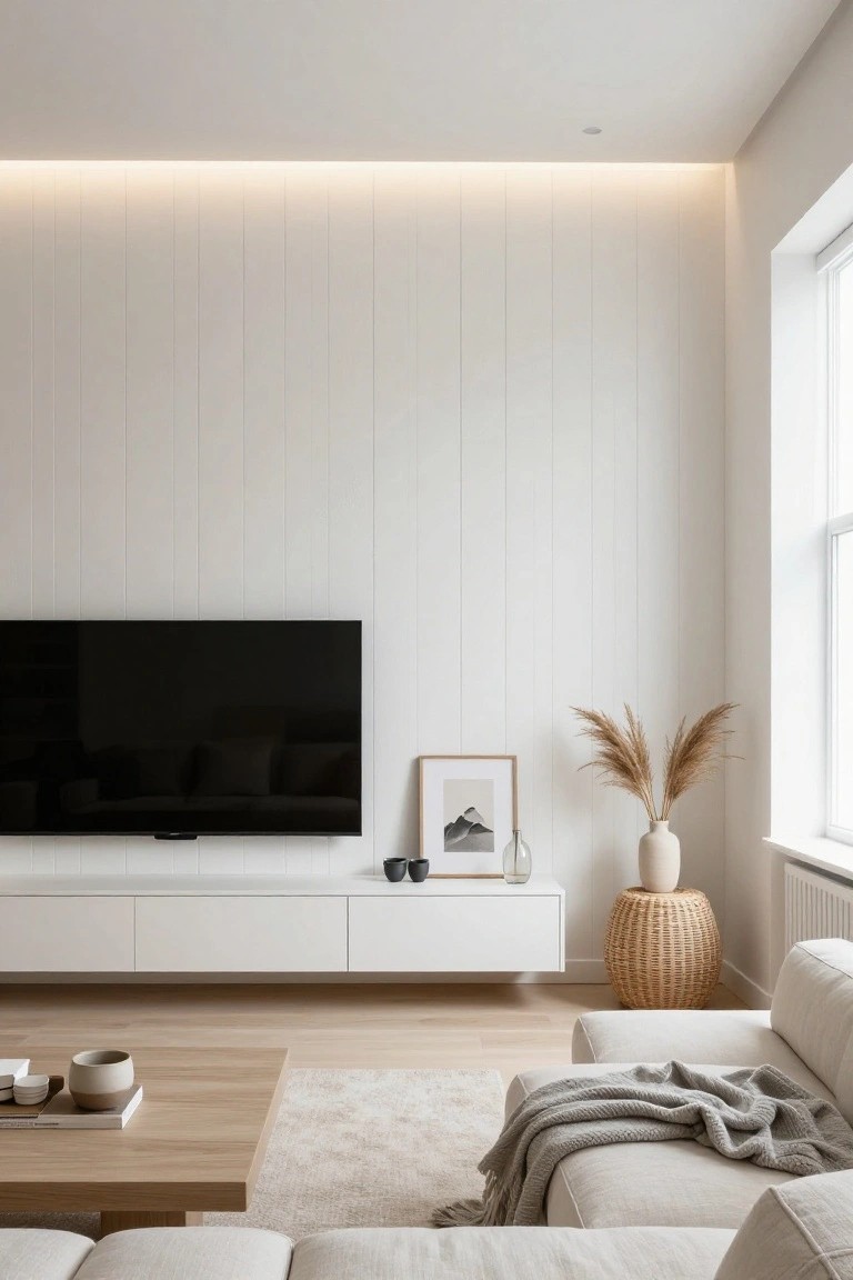 Minimalist living room with white TV console, neutral sofa, coffee table, and pampas grass.