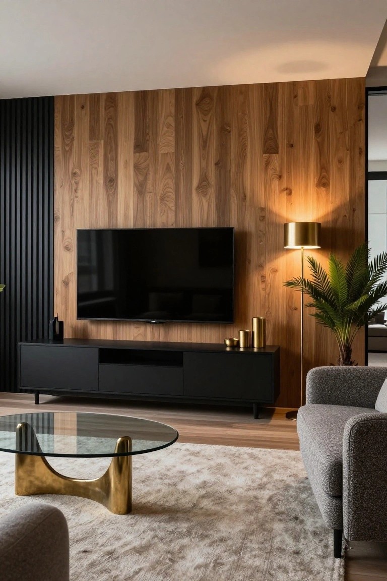 A living room featuring a flat-screen TV mounted on a vertical wood accent wall above a black media console, with a round glass coffee table on a light rug and part of a gray upholstered chair visible.