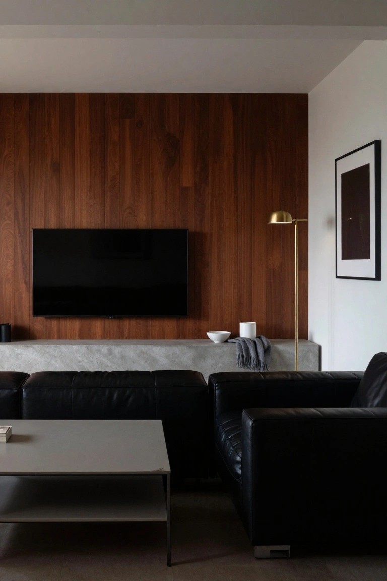 Modern living room with black leather sofa, TV on wood-paneled wall, gold lamp.