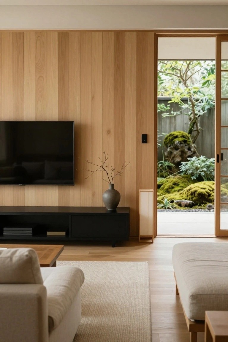A living room interior showing a flat screen TV mounted on a vertical light wood plank wall above a long black media console, with a small vase on the console and a sliding door open to a garden.
