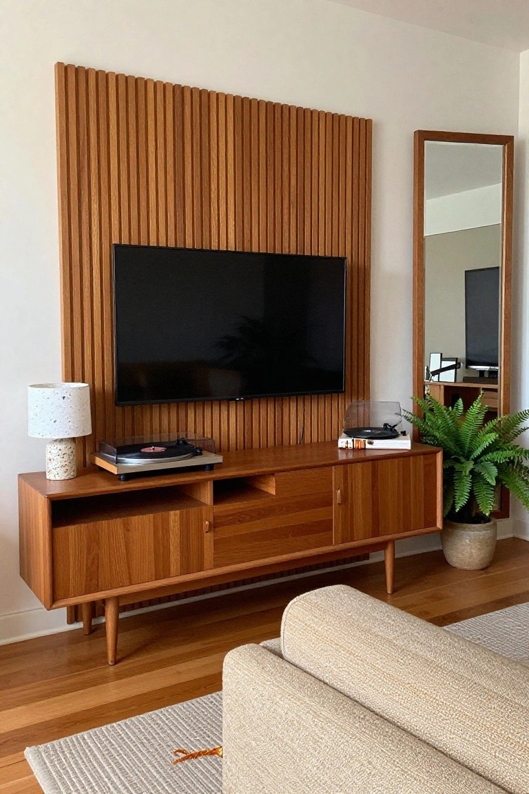 A living room shows a television mounted on a vertical wood slat accent wall above a wooden media console holding two turntables and a lamp, with a tall mirror and plant to the right.