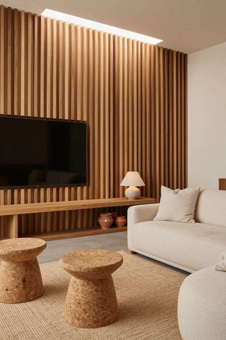 A living room with a vertical wood slat accent wall behind a wall-mounted TV, a floating wooden console below it, two cork stools on a woven rug, and a light-colored sofa to the right.