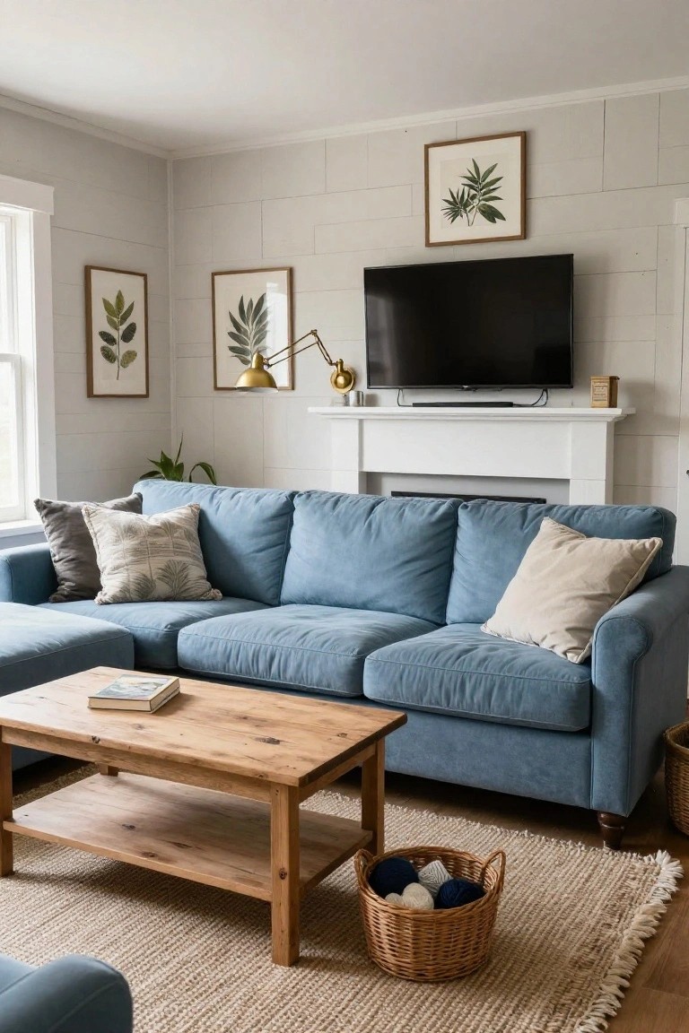 A living room featuring a blue sofa in front of a white shiplap wall with a television mounted above a white fireplace mantel.