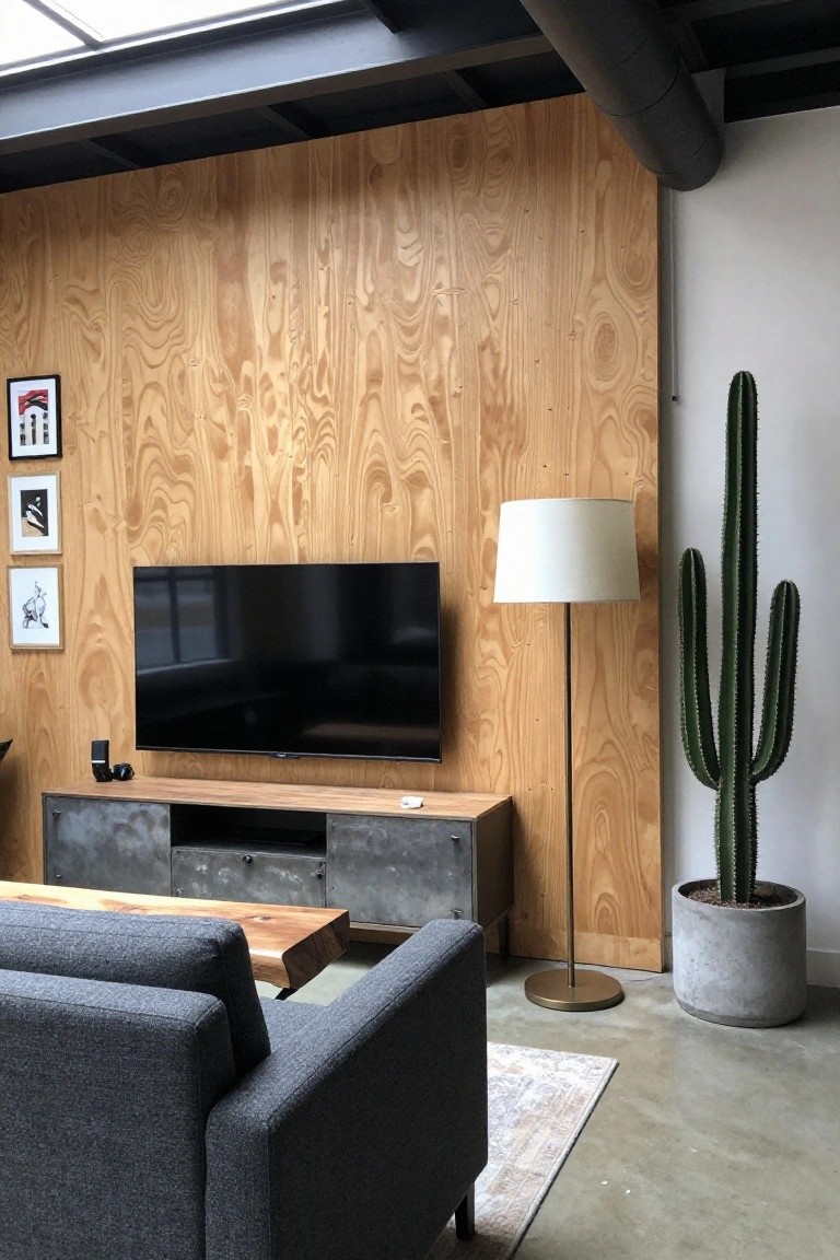 A television mounted on a light wood accent wall above a metal and wood media console in a living room with a gray sofa and potted cactus nearby.