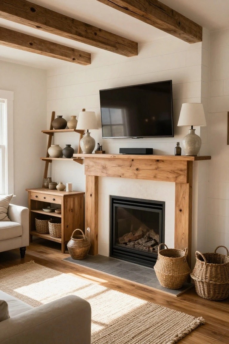 A living room with a television mounted above a wooden fireplace mantel on a white shiplap wall, with lamps, pottery, and woven baskets around the area.
