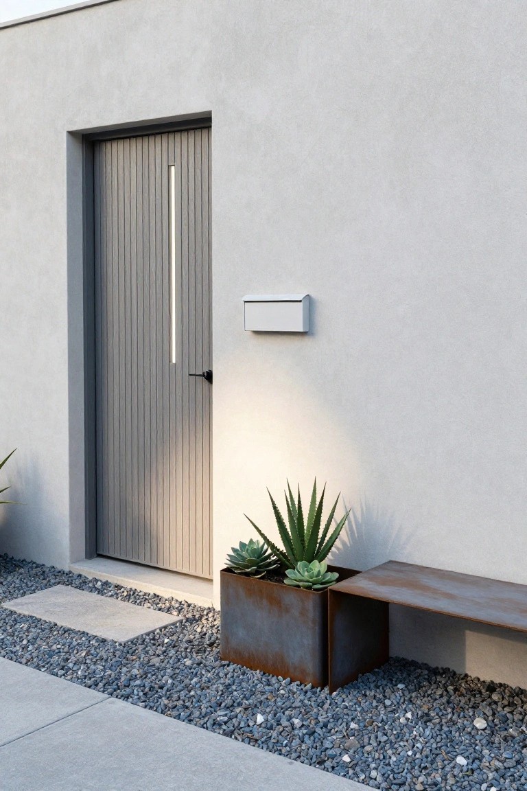 A modern gray wooden front door with vertical slats and a tall narrow window is set in a concrete wall beside a rusted metal planter with succulents on gravel ground.
