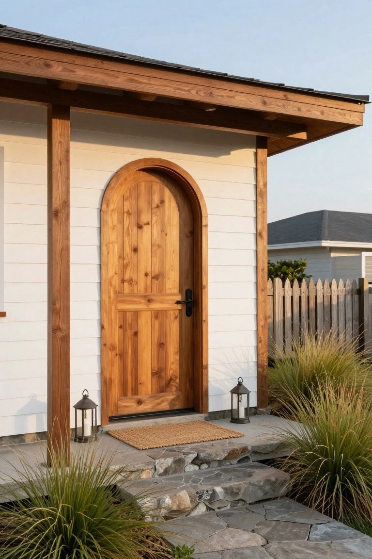 Arched wooden door on white house with lanterns, stone steps, and grasses.