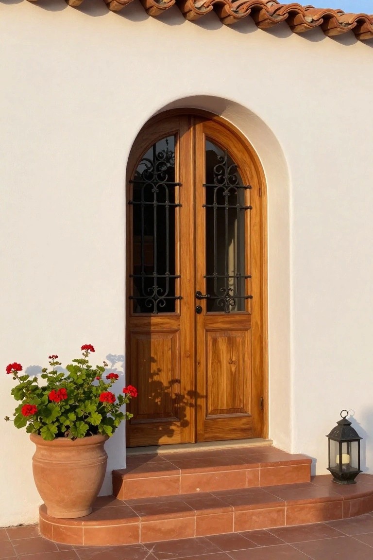 Double arched wooden doors with black metal grilles set in a white stucco wall, with a terracotta pot of red flowers on the left and a black lantern on the right.