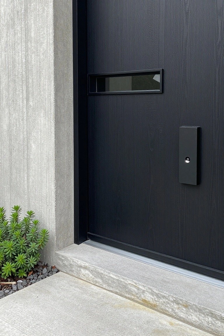 A black wooden front door with a narrow horizontal window slot and a dark rectangular doorbell, installed beside a concrete wall with small green plants at the base.