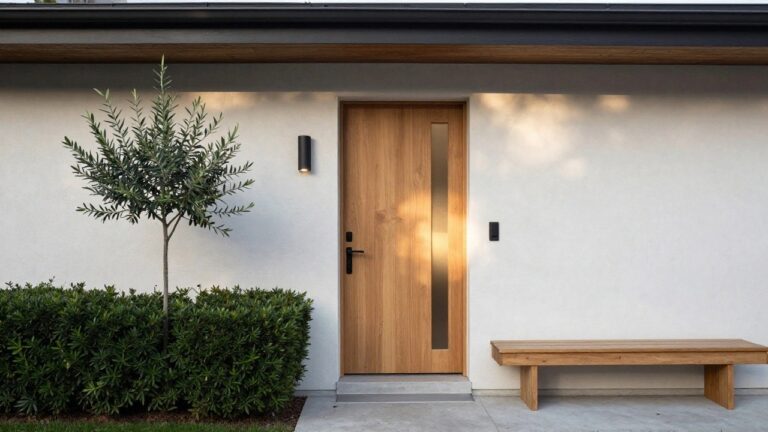 21 Modern Wooden Front Door Designs That Elevate Curb Appeal A light wood front door with a large frosted glass panel above a solid lower section, set in a white exterior wall with concrete steps.