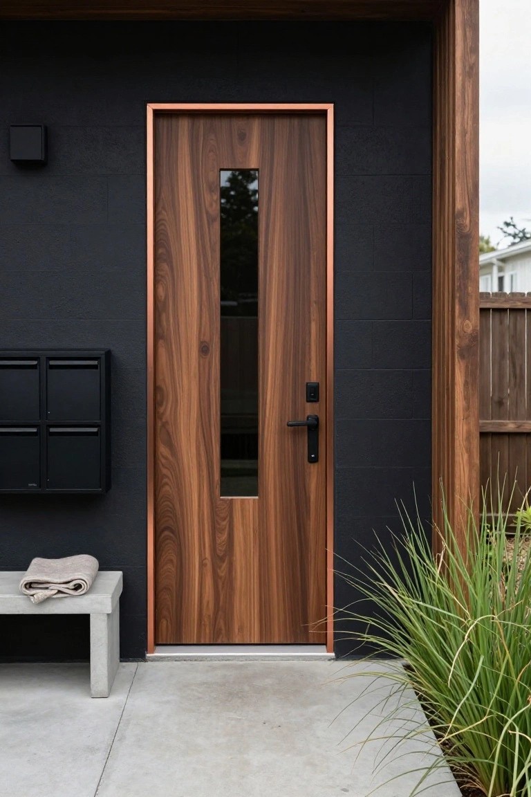 A tall wooden front door with vertical grain and a narrow vertical glass panel, framed in copper metal and set into a dark wall.