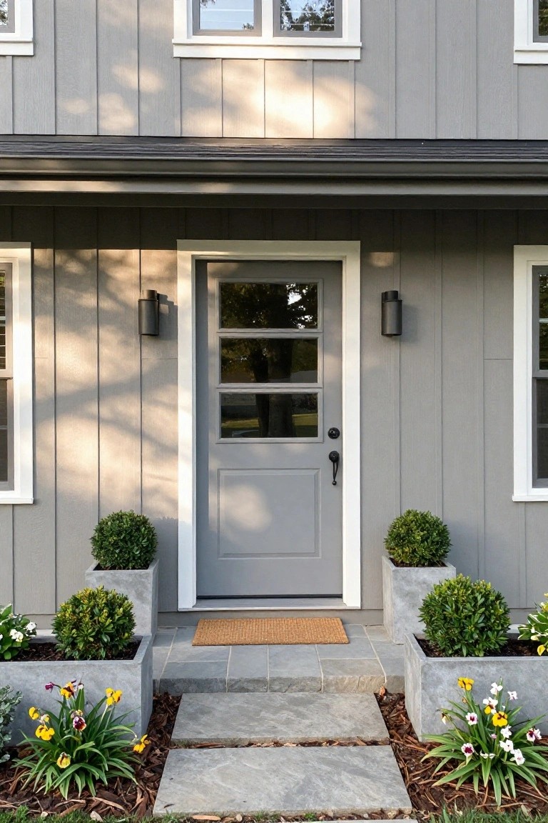 A gray modern front door centered on a gray wood-sided house, flanked by two concrete planters holding round shrubs, with a stone path and doormat at the entrance.