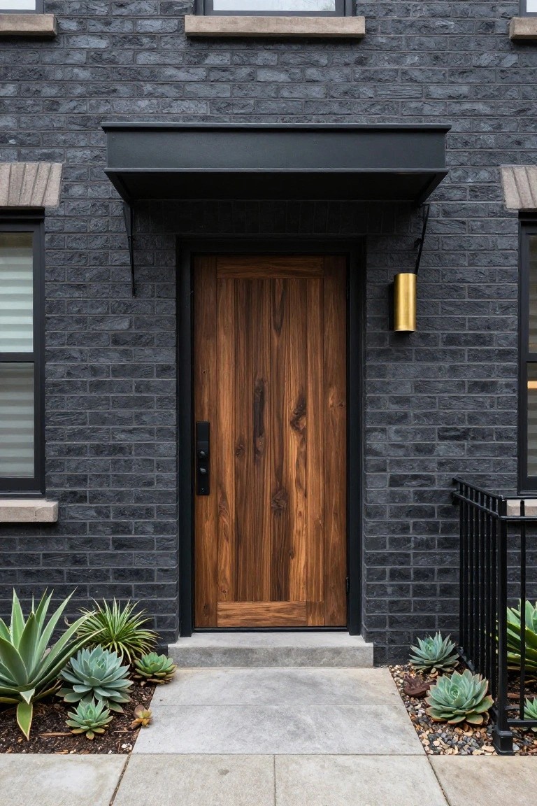 A vertical grain wood front door with black frame and hardware on a dark brick house, topped by a black canopy and flanked by two windows and low succulents.