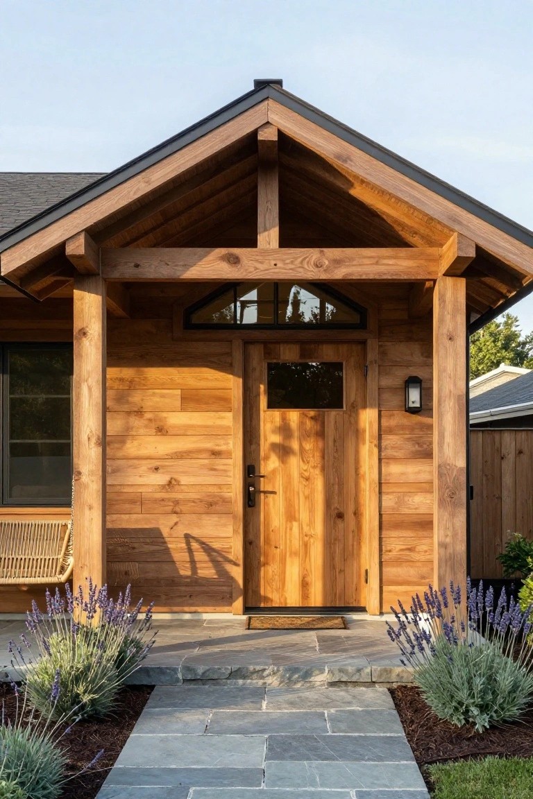 A wooden front door set into matching wood siding on a house with a stone path and lavender plants on either side.