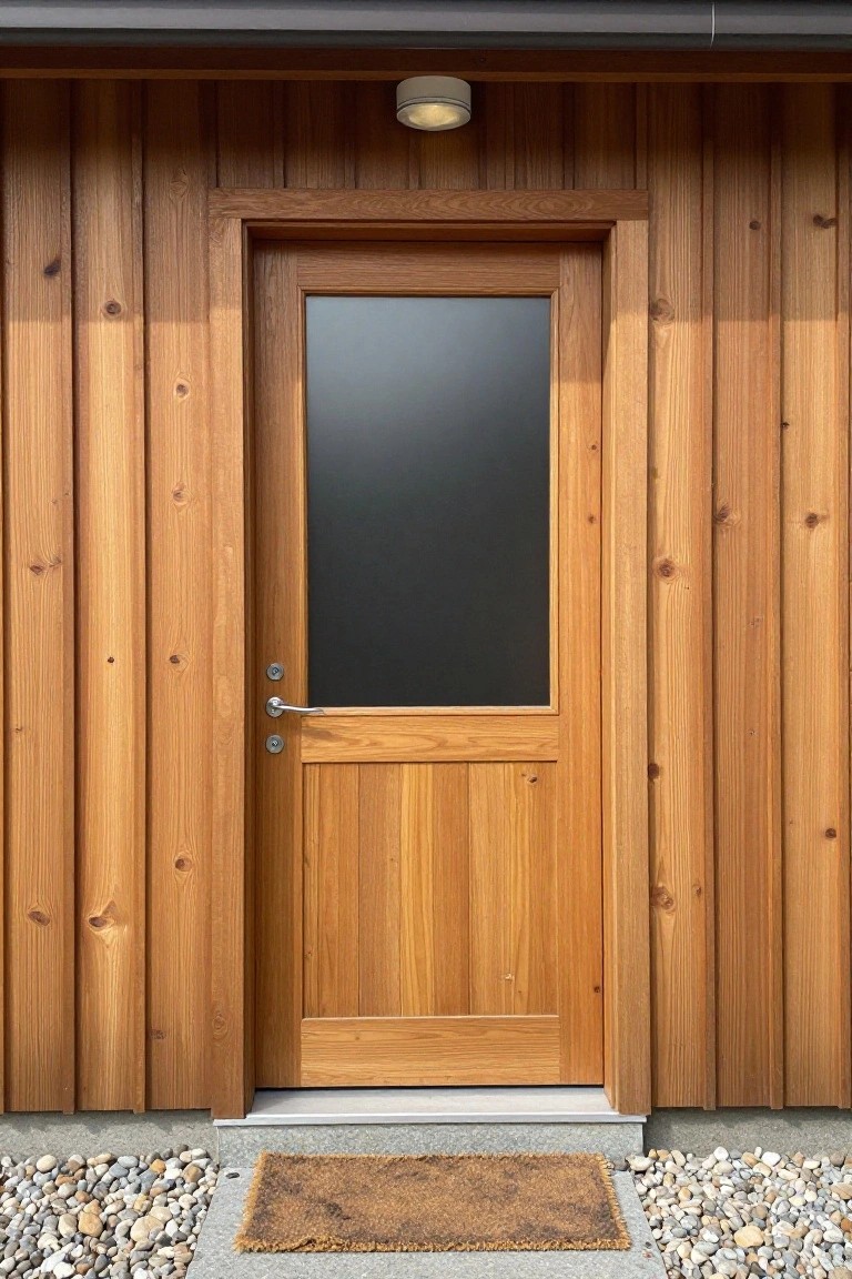 A wooden front door with a large frosted glass panel, set in a wood frame that matches the vertical wood siding of the house, with a ceiling light above and a doormat on gravel ground.