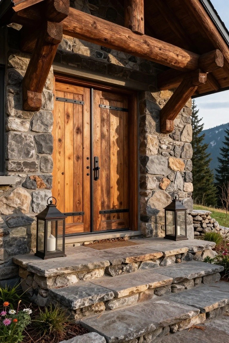 Double wooden front doors with black hardware installed in a stone wall, flanked by two black lanterns on stone steps.