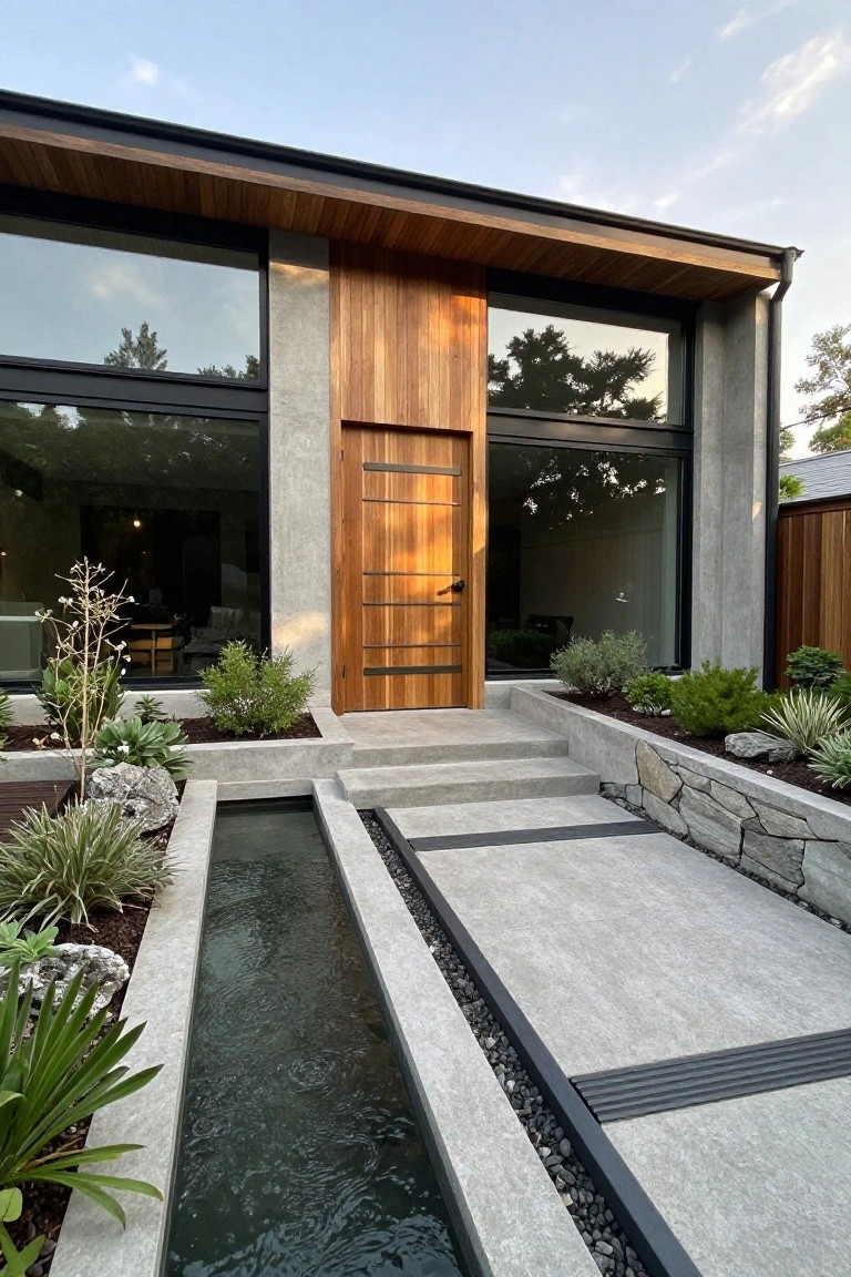 Modern house front with a tall vertical wooden door centered between large black-framed windows, concrete steps, and a narrow water channel running alongside a paved path.