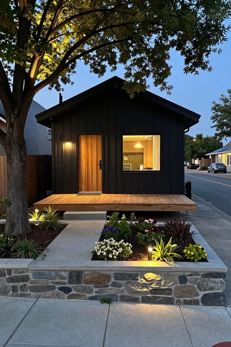 A small black modern house with vertical siding, a wooden front door, and a wooden platform deck above a stone-edged garden bed.