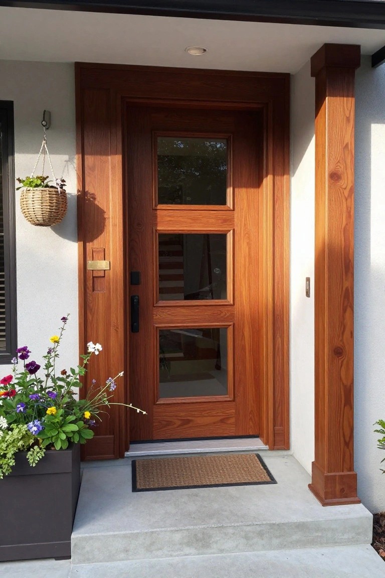 A wooden front door with three horizontal glass panels set in a light-colored house exterior, with a concrete step, doormat, wooden post, and flower planter visible.