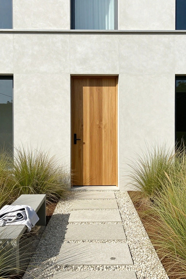 A light concrete house wall with a centered vertical wood front door, a stone paver path on gravel, and tall grasses flanking the entry.