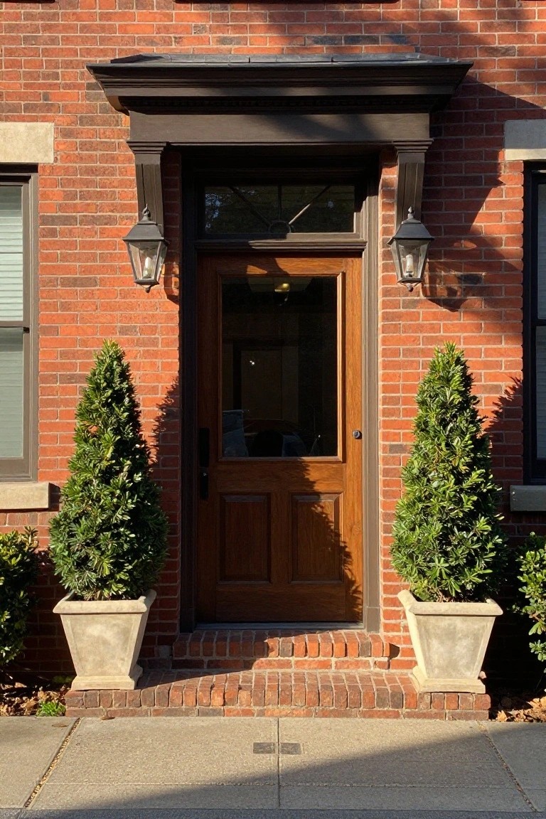 A wooden front door with a transom window centered on a red brick house facade, flanked by two tall potted shrubs and wall-mounted lanterns.