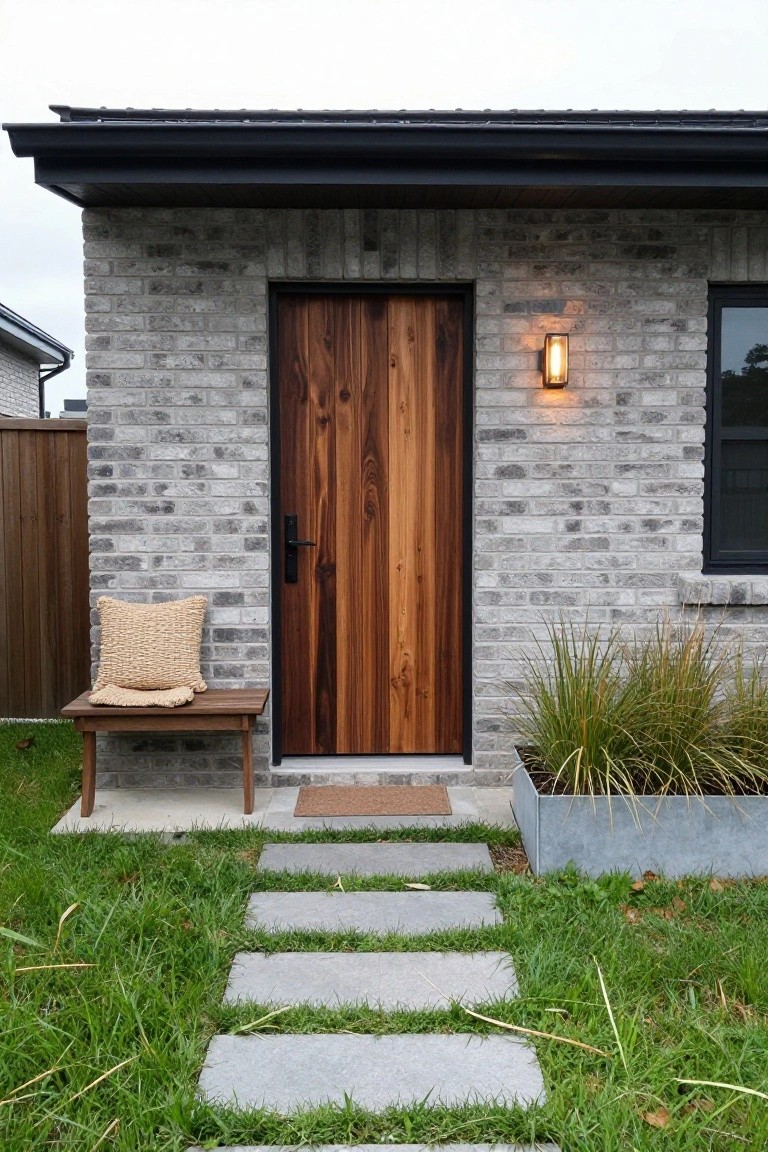 A front entrance of a gray brick house featuring a tall vertical-grain wood door with black hardware, a small wooden bench with a cushion to the left, and a stone path leading up to the door.