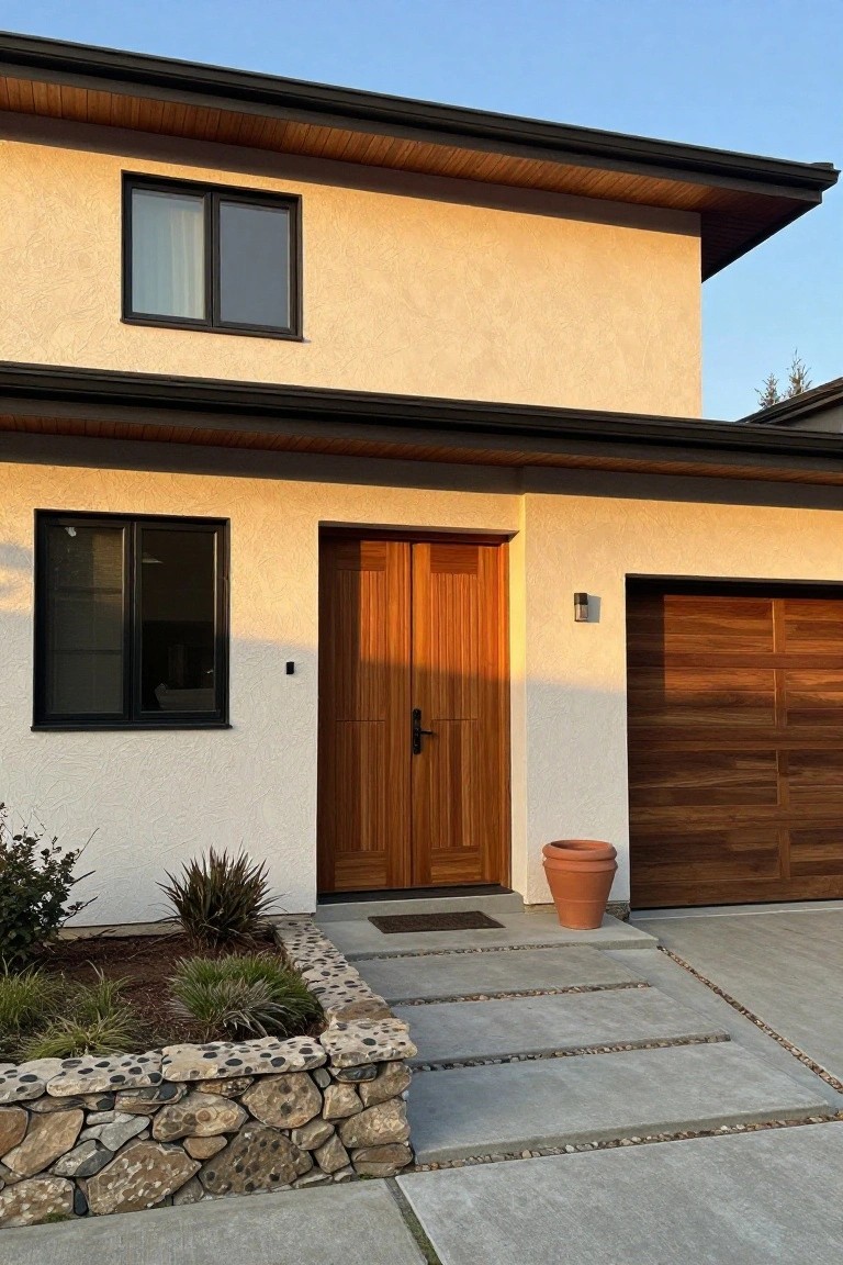 Front view of a modern house with light stucco walls, a centered pair of wooden double doors, a window to the left, and a wooden garage door to the right, with concrete steps leading to the entrance.