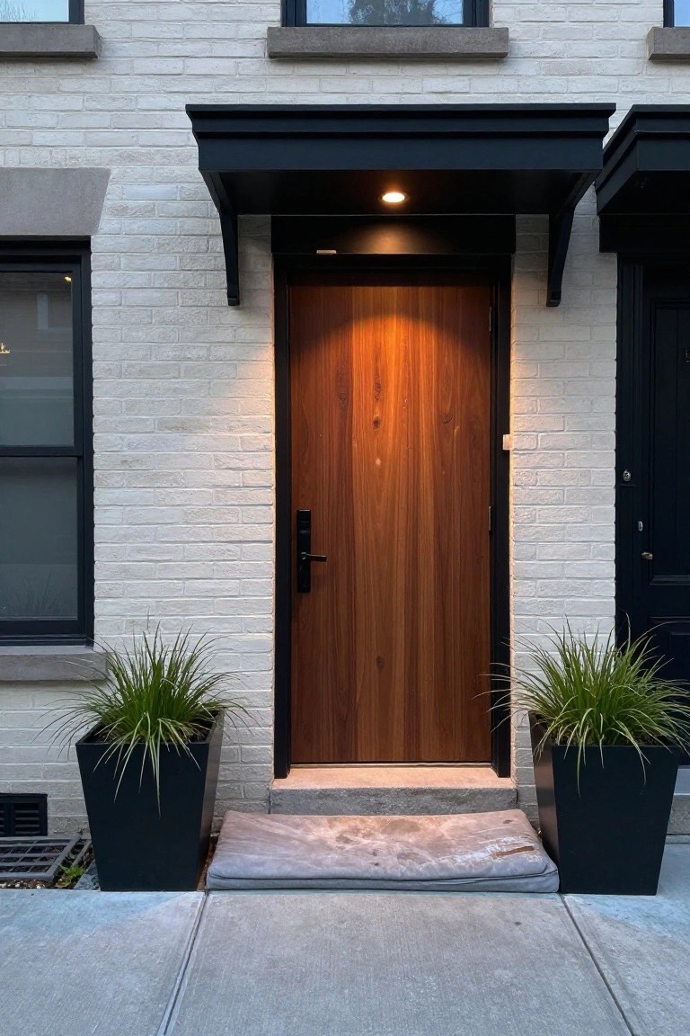 A wooden front door with vertical grain set into a white brick wall, framed in black with a small overhang light and two black planters on either side.