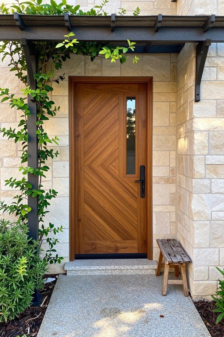 Wooden chevron door in stone wall with vines, dark pergola, and wooden stool