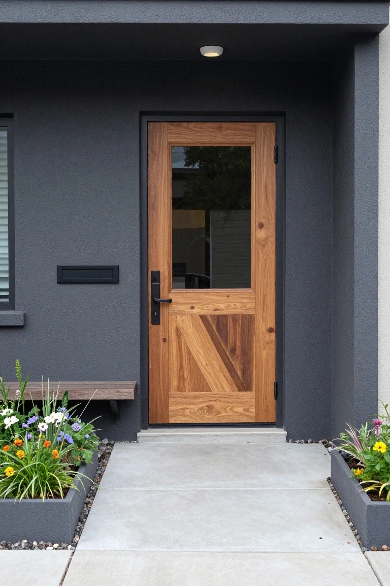 Modern wooden door with glass panel on dark house flanked by flower planters.