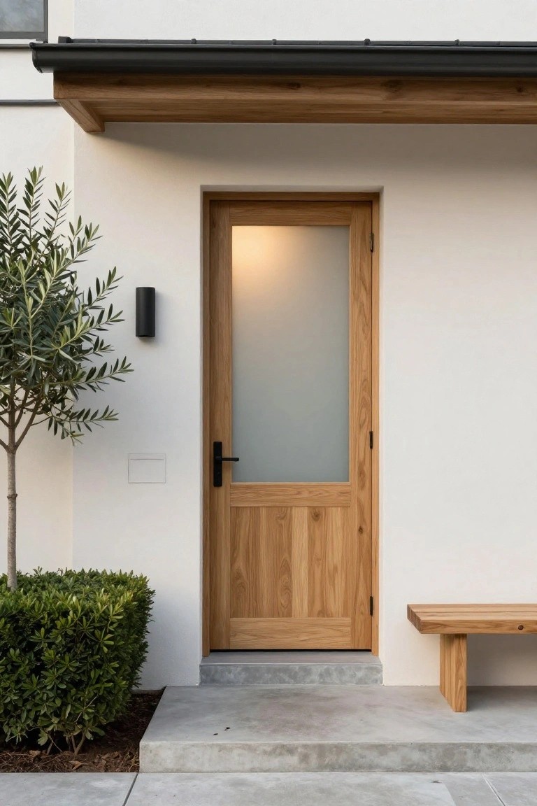 A light wood front door with a large frosted glass panel above a solid lower section, set in a white exterior wall with concrete steps.