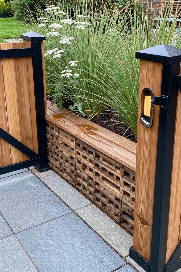 Wooden gate with black posts beside raised planter of tall grasses and white flowers