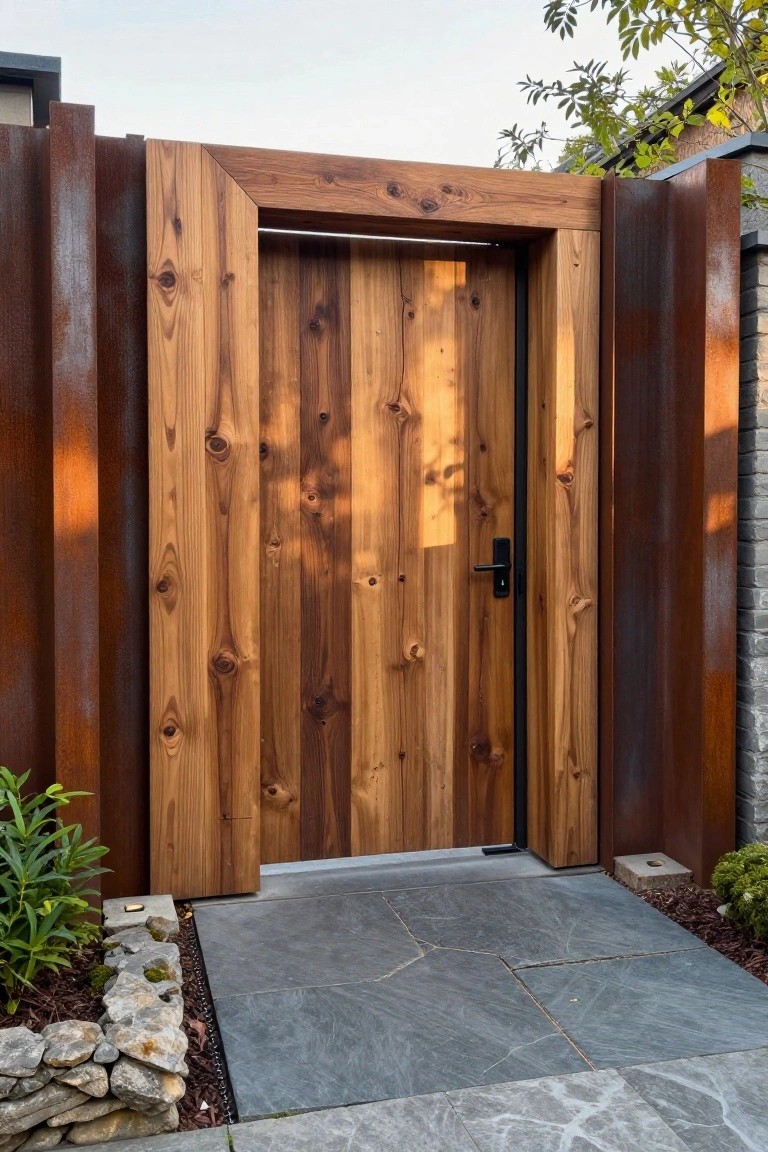 A modern wooden gate with vertical planks inside a thick wooden frame, flanked by rusted metal panels and opening onto a stone pathway.