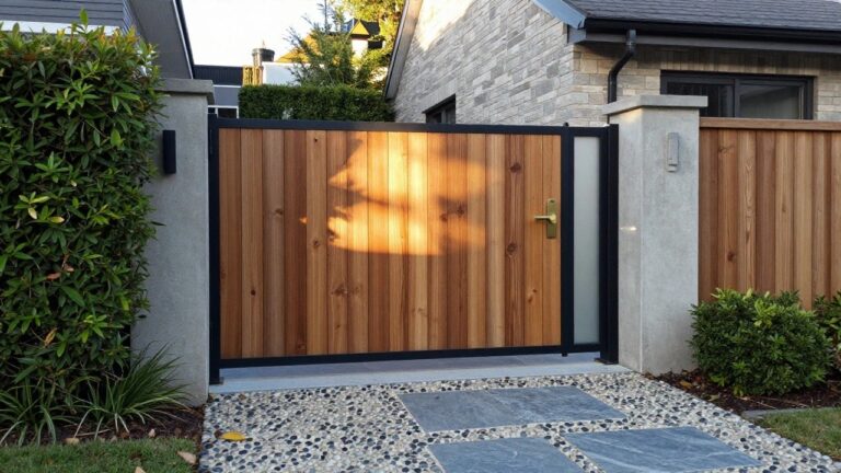 20 Modern Wooden Gate Design Ideas for Contemporary Home Entrances A wooden gate with horizontal slats in a black frame stands at a home entrance beside a stone pillar and a wooden fence section, with blue stone and pebble paving in the foreground.