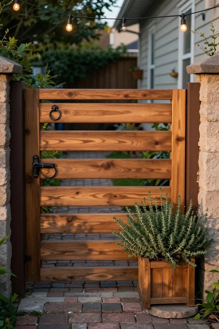 A wooden gate with horizontal slats stands between stone pillars on a brick path, with a potted plant at the base and string lights above.
