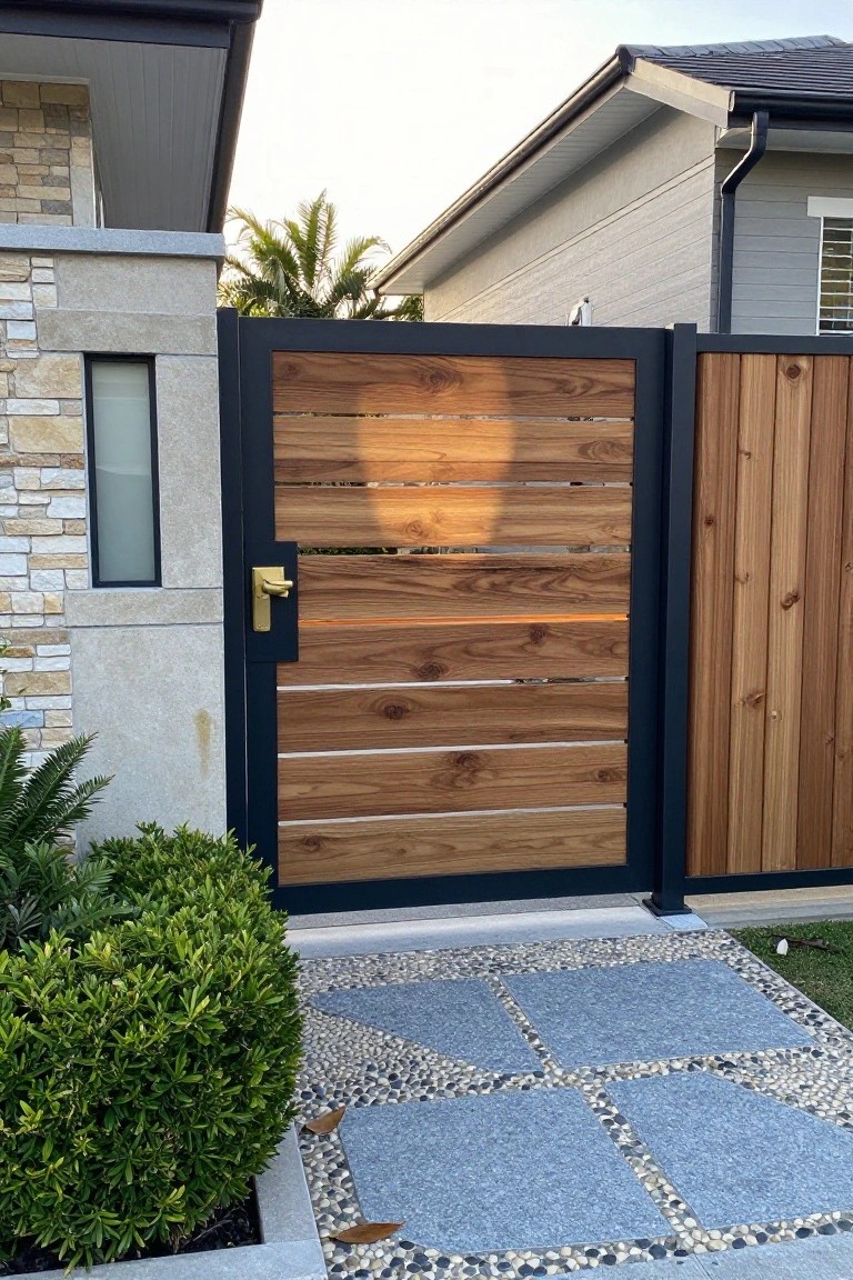 A wooden gate with horizontal slats in a black frame stands at a home entrance beside a stone pillar and a wooden fence section, with blue stone and pebble paving in the foreground.