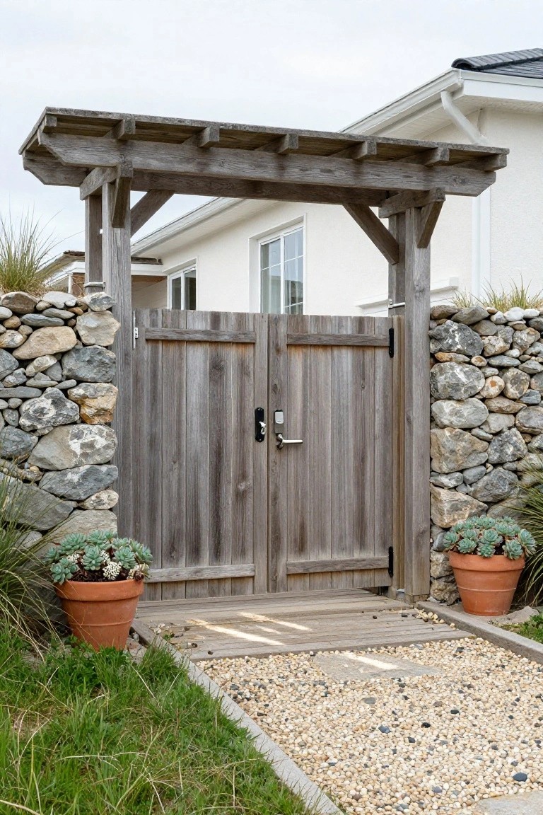 Wooden double gate under arbor between stone walls with potted succulents.