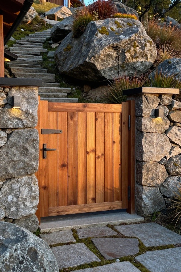 A vertical plank wooden gate is set between low stone walls next to a stone path and steps.