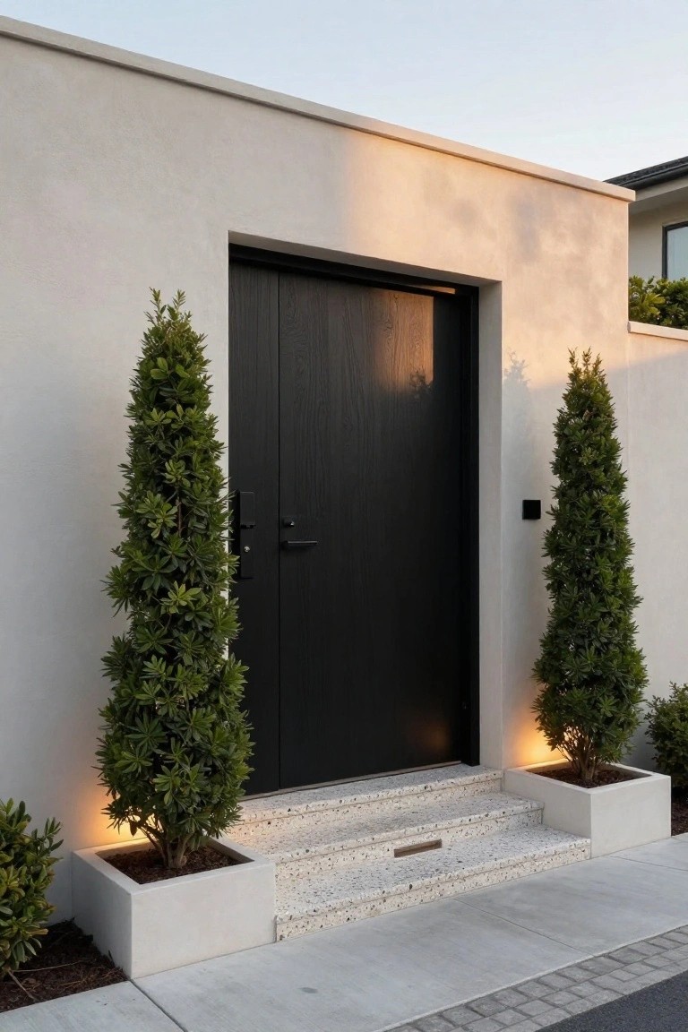 A modern home entrance with a dark wooden door, concrete steps, and two tall shrubs planted in matching white rectangular planters on either side.