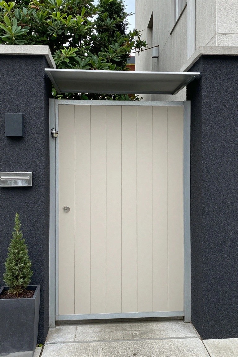 A light beige vertical slat gate with a gray metal frame and small overhang, installed between dark textured walls.