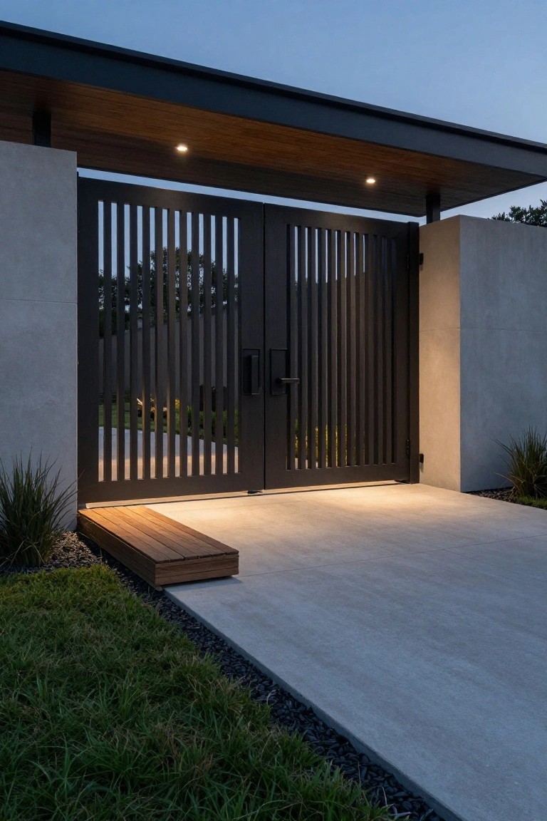 Modern double gate with vertical slats between concrete walls under lit wooden canopy
