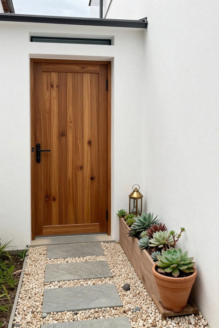 A vertical wood plank door set in a white exterior wall with a gravel path of stepping stones and a wooden planter of succulents to the right.